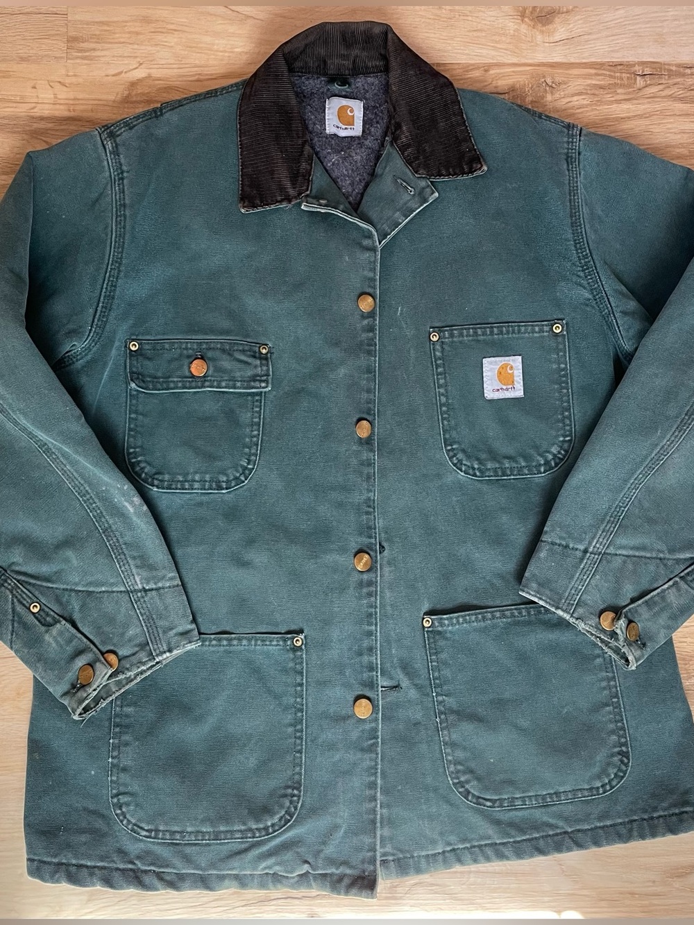 Carhartt Teal Duck Canvas Chore Jacket with Dark Brown Corduroy Collar